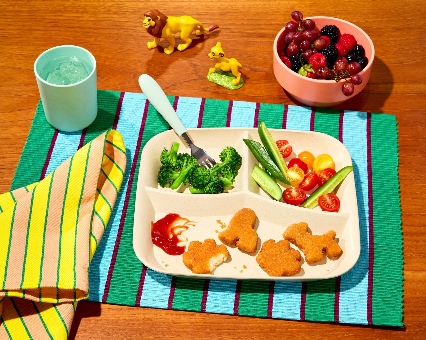 Impossible Lion King Nuggets lunch with fruits and vegetables