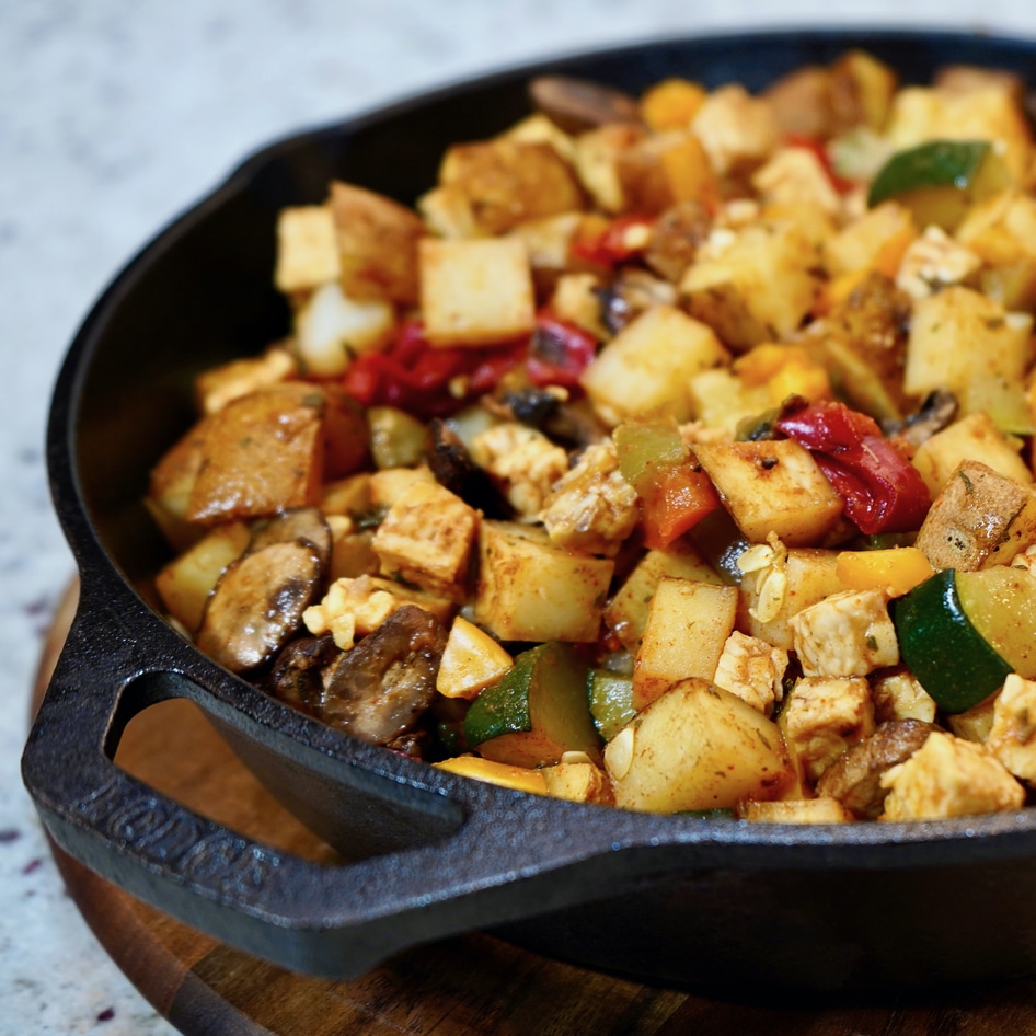 Smoky Vegan Tempeh, Mushroom, and Roasted Potato Breakfast Skillet