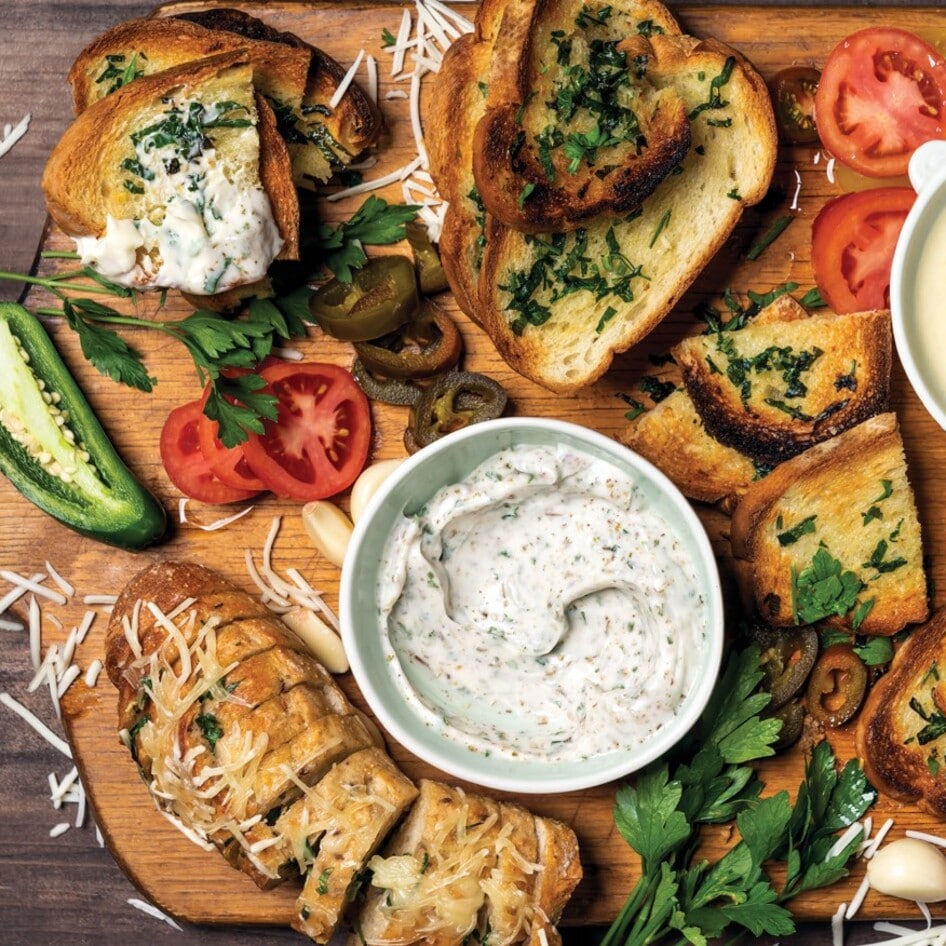 Vegan Garlic Bread Dippers With Jalapeño Cheddar and Creamy Garlic Dipping Sauces 