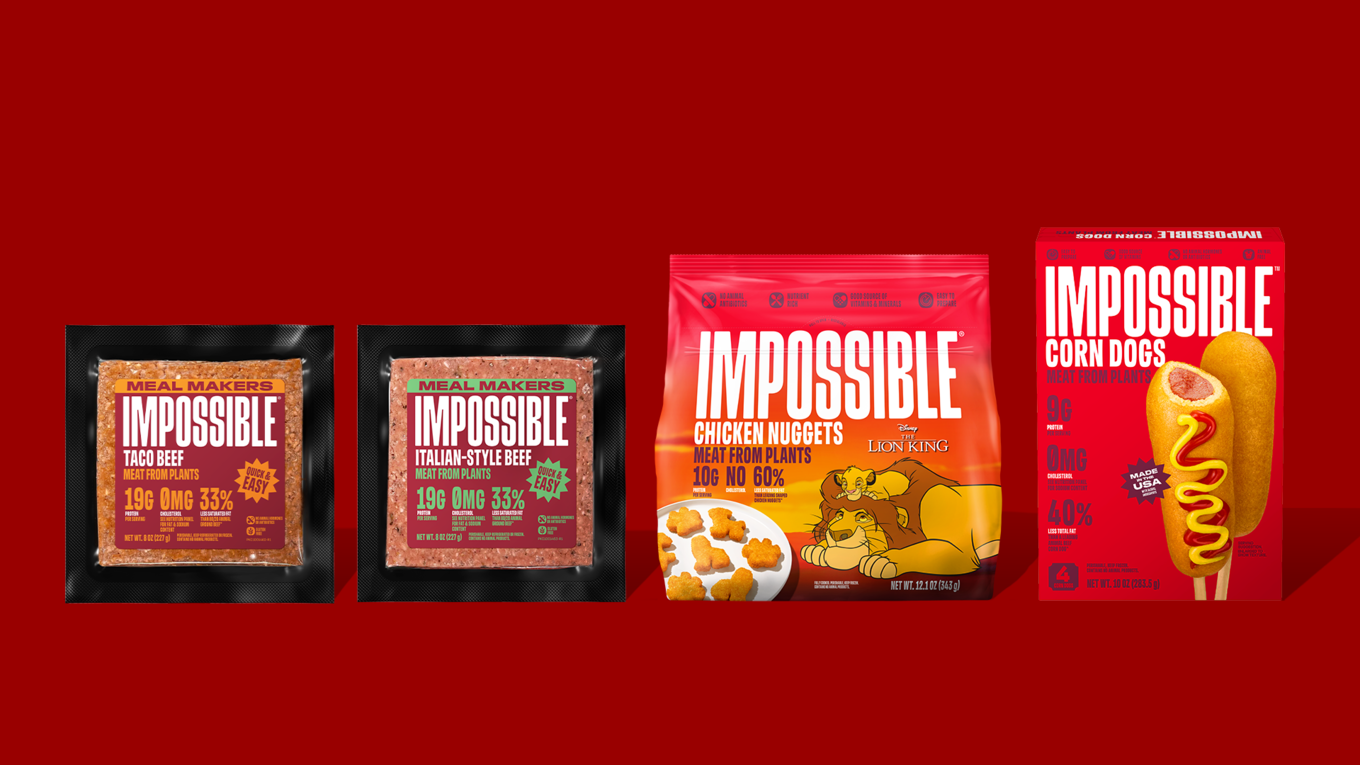 Impossible Foods grounds, Lion King nuggets, and corn dogs